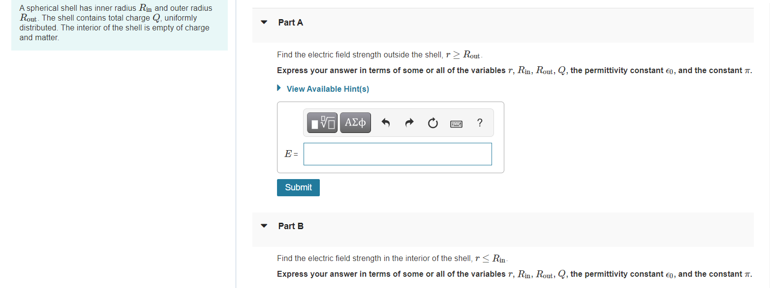 Solved A spherical shell has inner radius Rin and outer | Chegg.com