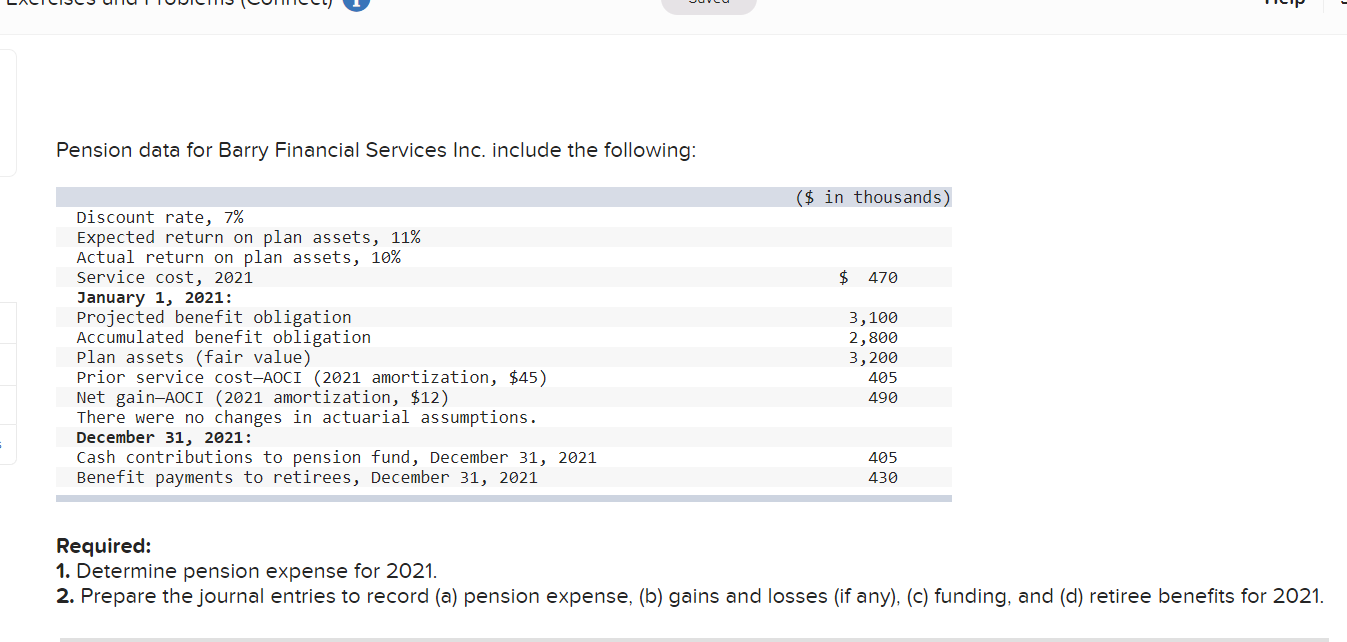 Solved Pension Data For Barry Financial Services Inc. | Chegg.com