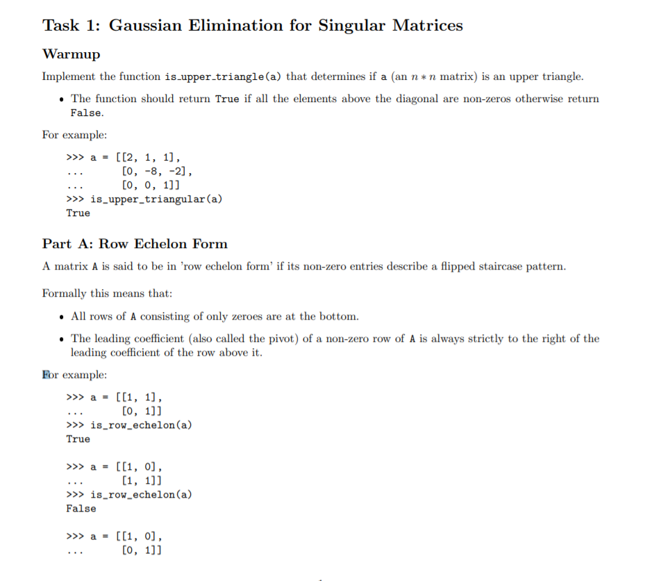 Solved Task 1: Gaussian Elimination for Singular Matrices | Chegg.com