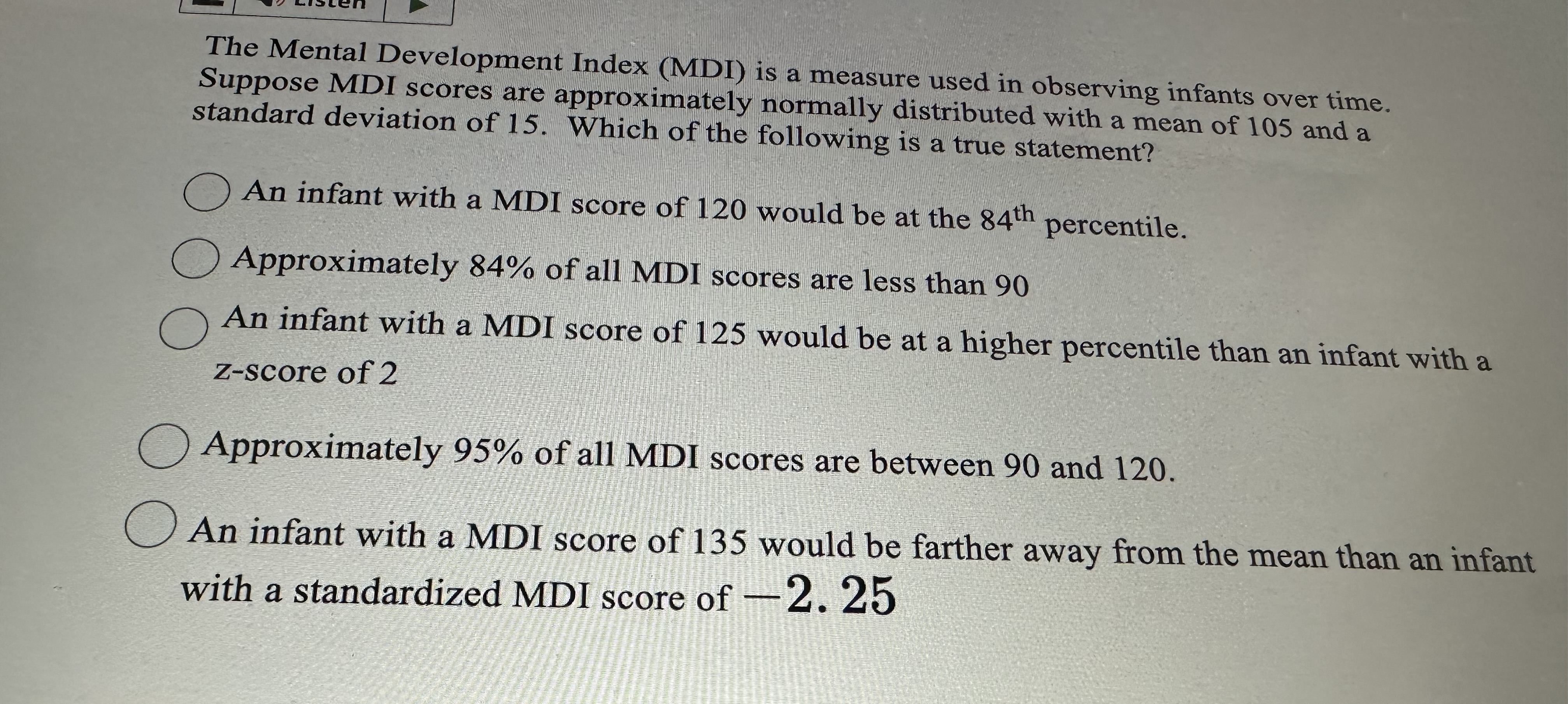 Solved The Mental Development Index (MDI) ﻿is a measure used | Chegg.com