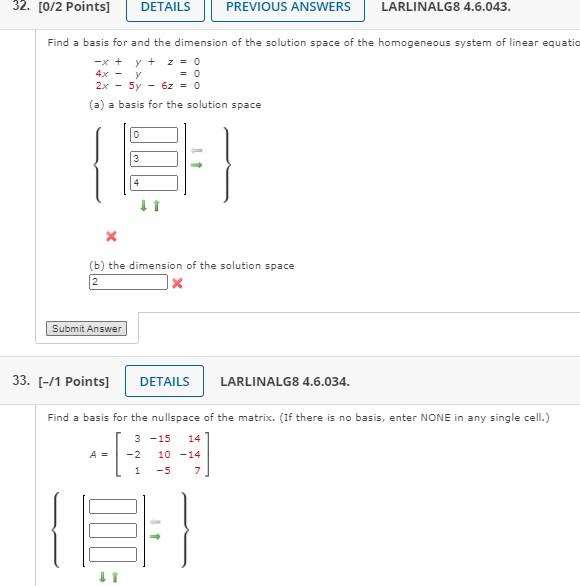 Solved 32. [0/2 Points] DETAILS PREVIOUS ANSWERS LARLINALG8 | Chegg.com