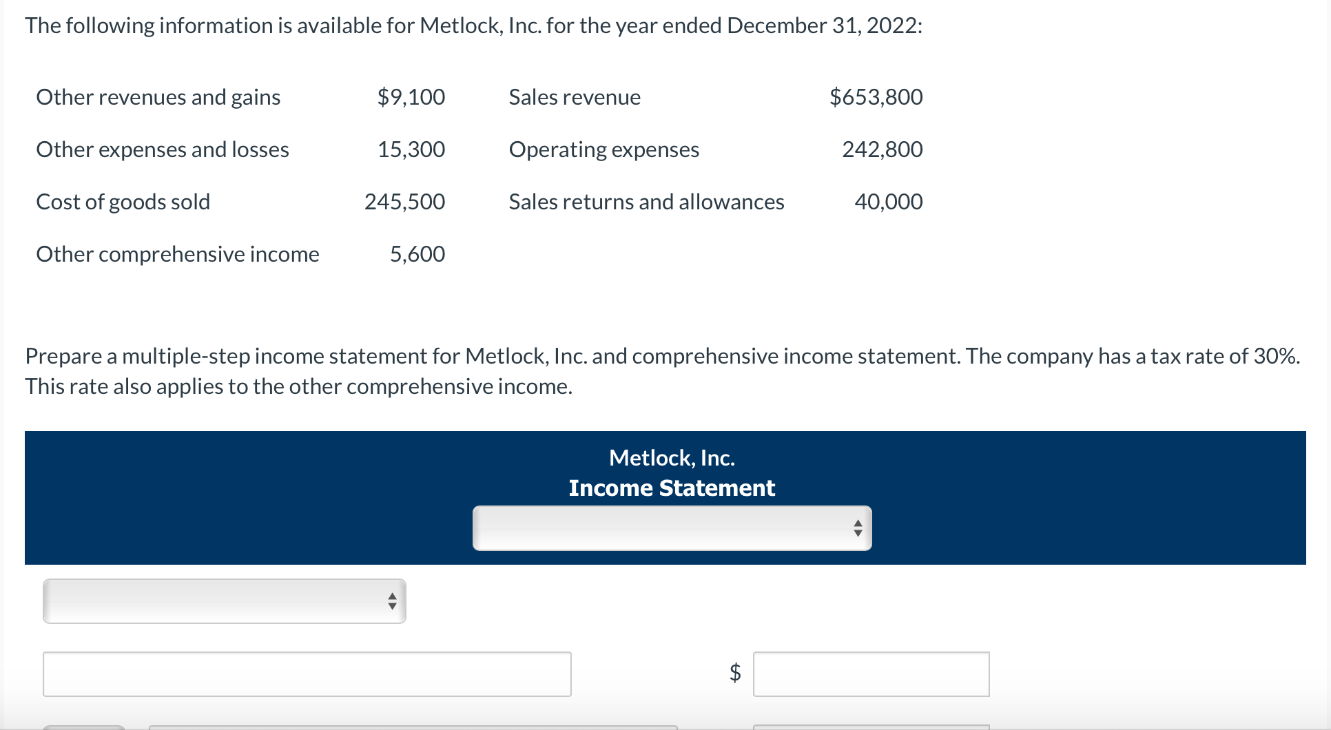 Solved The Following Information Is Available For Metlock, | Chegg.com