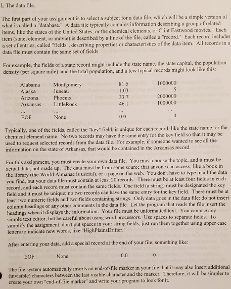 1. The data file The first part of your assignment is | Chegg.com