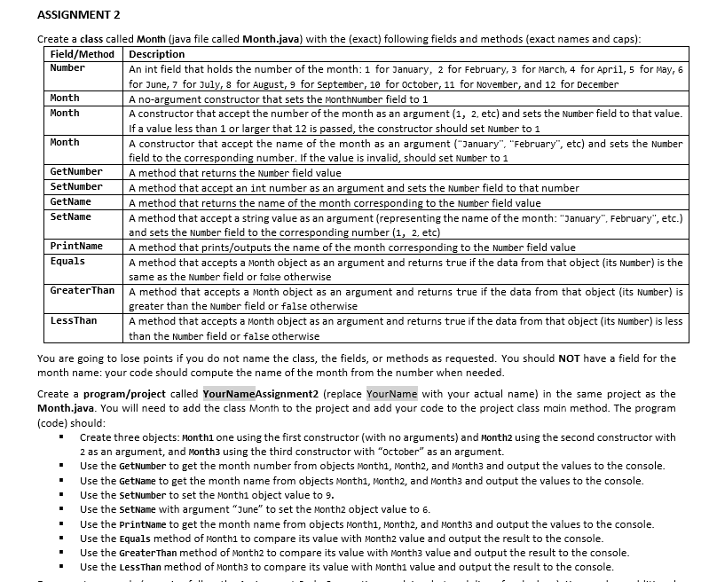 ASSIGNMENT 2 Create a class called Month (java file called Month.java) with the (exact) following fields and methods (exact n