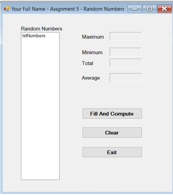 X Your Full Name-Assgnment 5 - Random Numbers Random Numbers IstNumbers Maximum Minimum Total Average Fill And Compute Clear