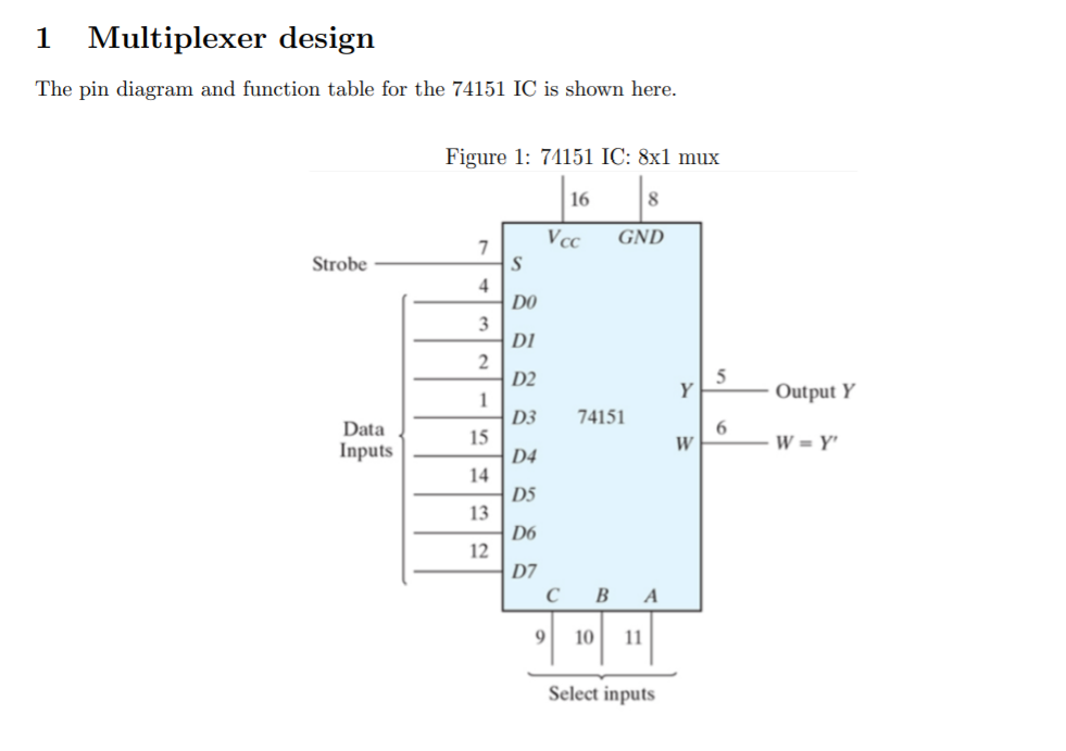 1 Multiplexer design The pin diagram and function table for the 74151 IC is shown here. Figure 1: 71151 IC: 8xl mux 16 8 V cc