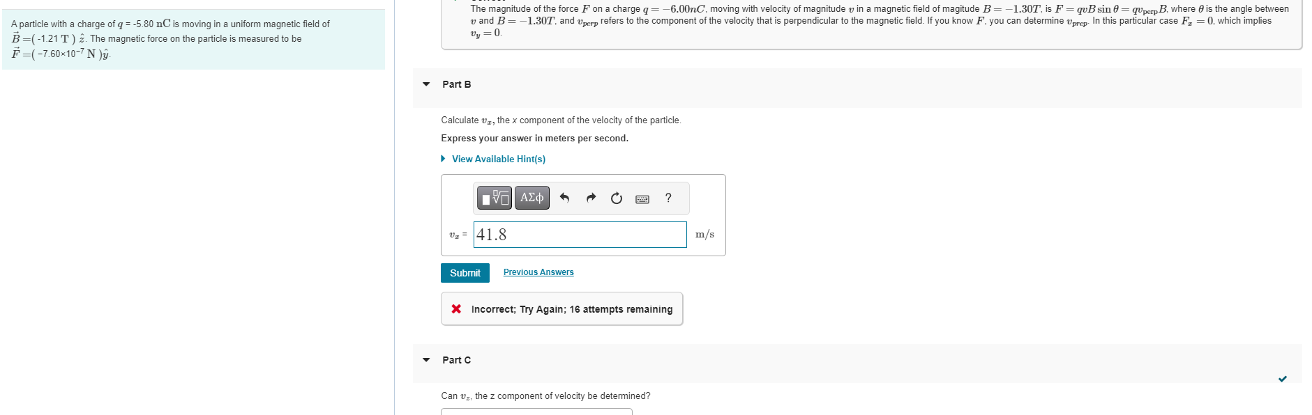 Solved - Part B Calculate vx, the x component of the | Chegg.com