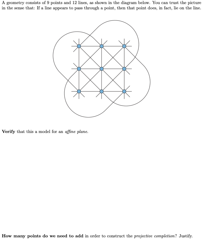 Solved A geometry consists of 9 points and 12 lines, as