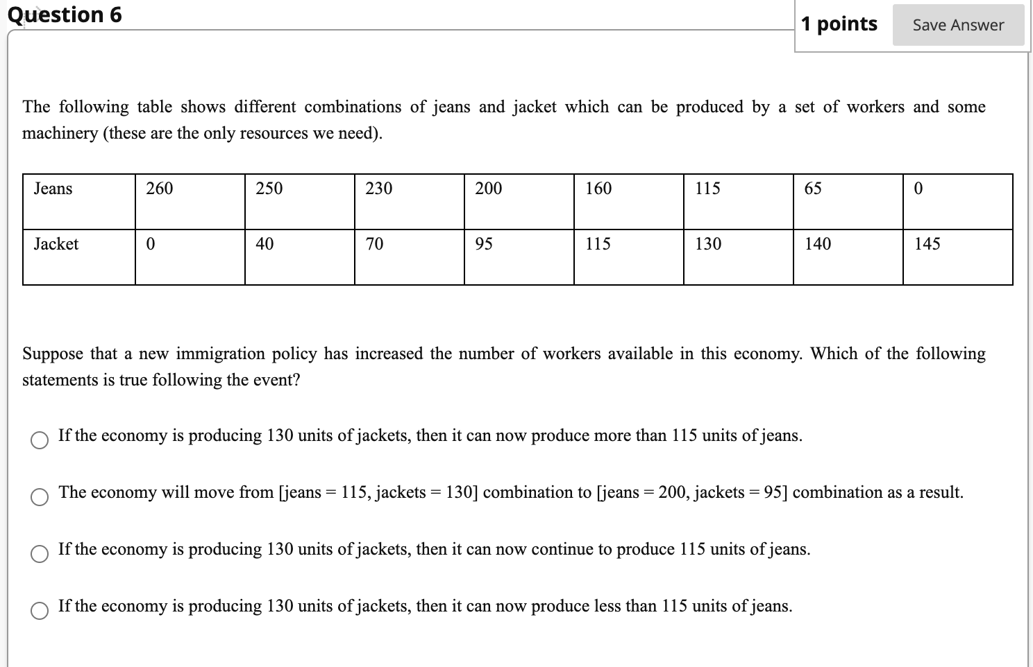 Solved Question 6 1 points Save Answer The following table | Chegg.com