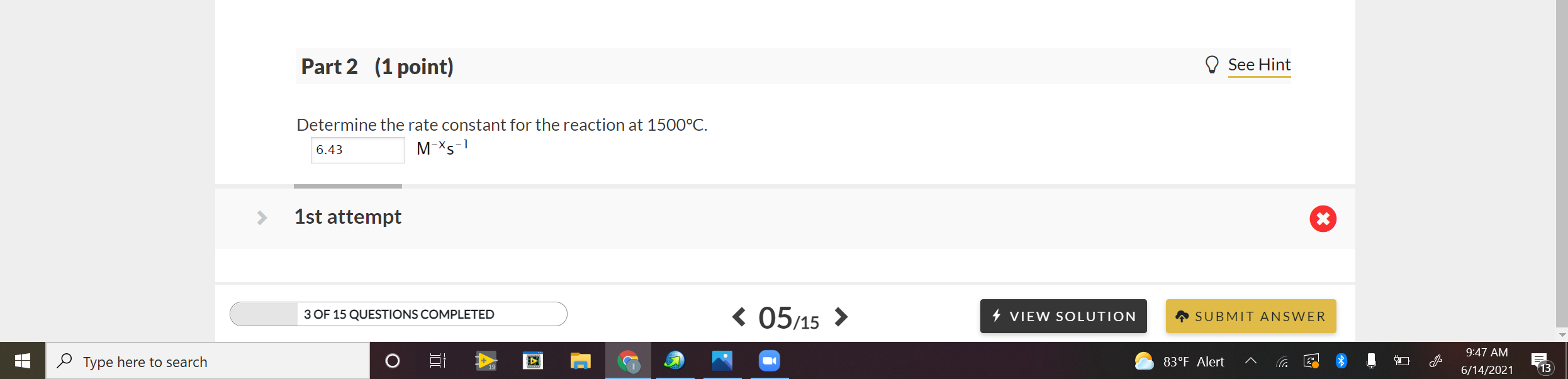 Solved Part 2 (1 point) ♡ See Hint Determine the rate | Chegg.com