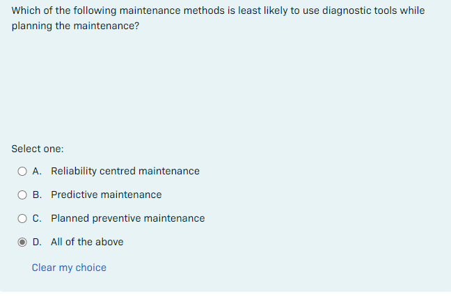 Solved Which Of The Following Maintenance Methods Is Least | Chegg.com