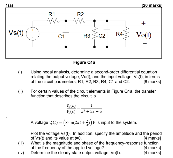 Solved 1(a) [20 marks) R2 R1 W + + Vs(t) C1 R3 cz } R4 Vo(t) | Chegg.com