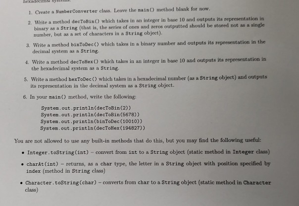 Solved hexadeci 1. Create a NumberConverter class. Leave the | Chegg.com