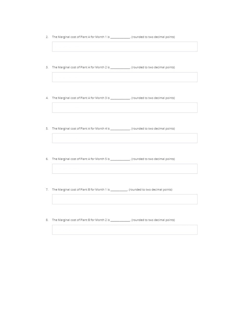 2. The Marginal cost of Plant A for Month 1 is (rounded to two decimal points) 3. The Marginal cost of Plant A for Month 2 is