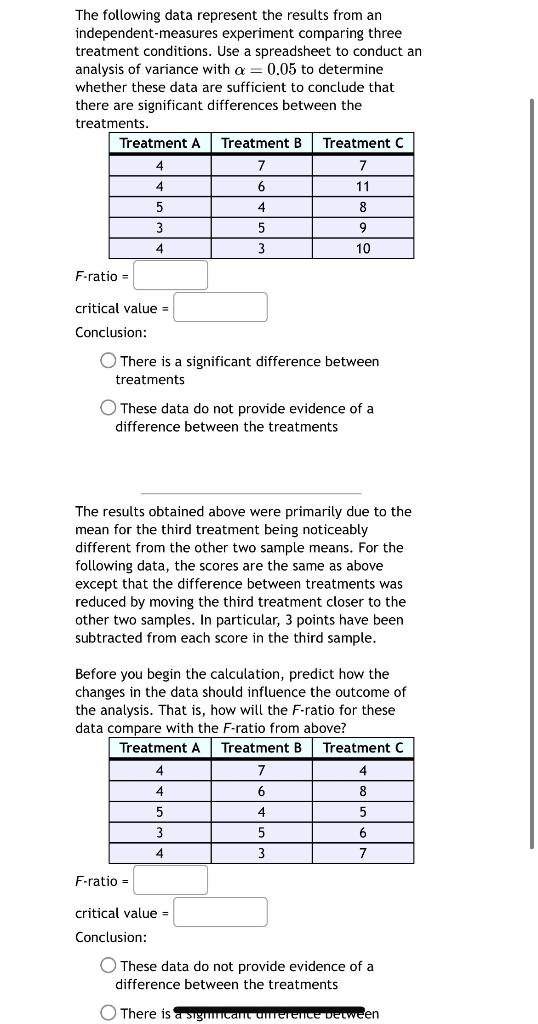 Solved The following data represent the results from an | Chegg.com