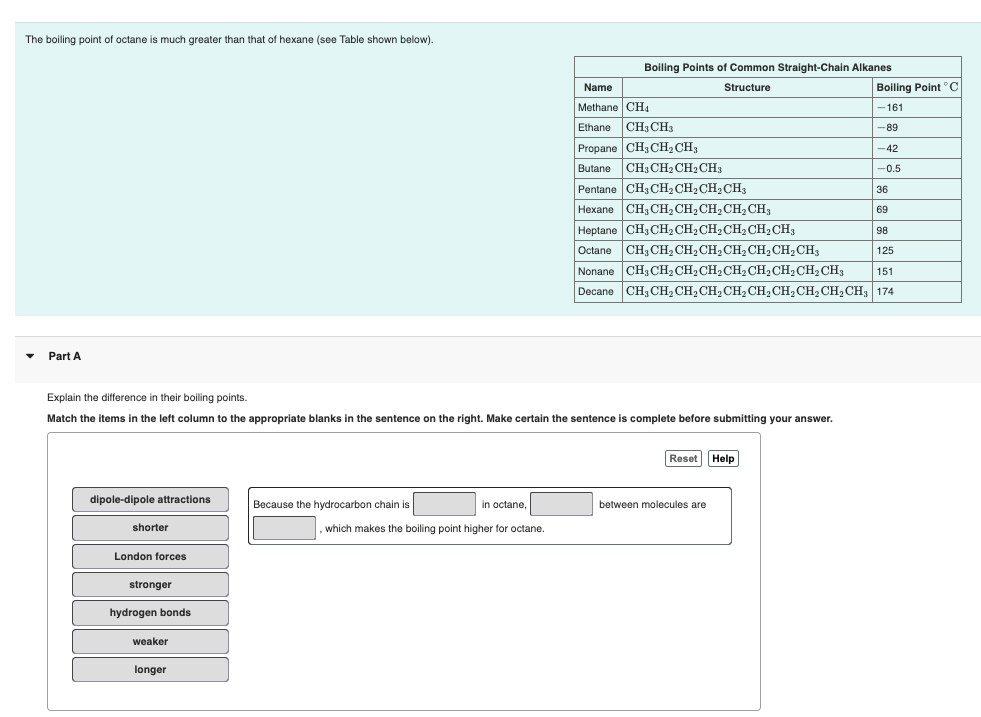 Solved The boiling point of octane is much greater than that | Chegg.com