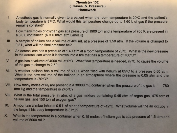 Solved Chemistry 132 Gases & Pressure) Homework I. | Chegg.com