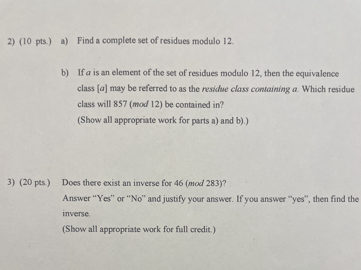 Solved (10 pts.) a) Find a complete set of residues modulo