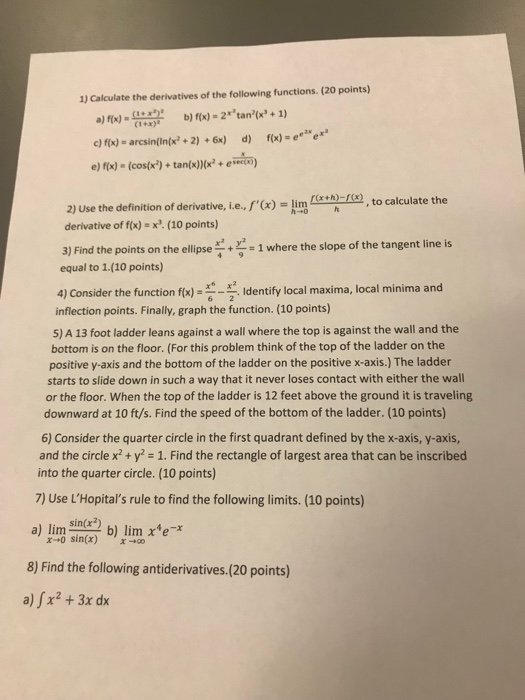 Solved 1) Calculate the derivatives of the following | Chegg.com