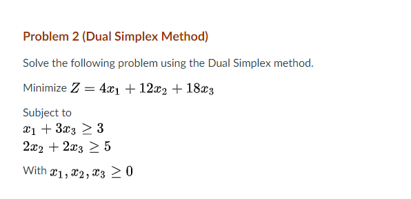 Solved Problem 2 (Dual Simplex Method) Solve the following | Chegg.com
