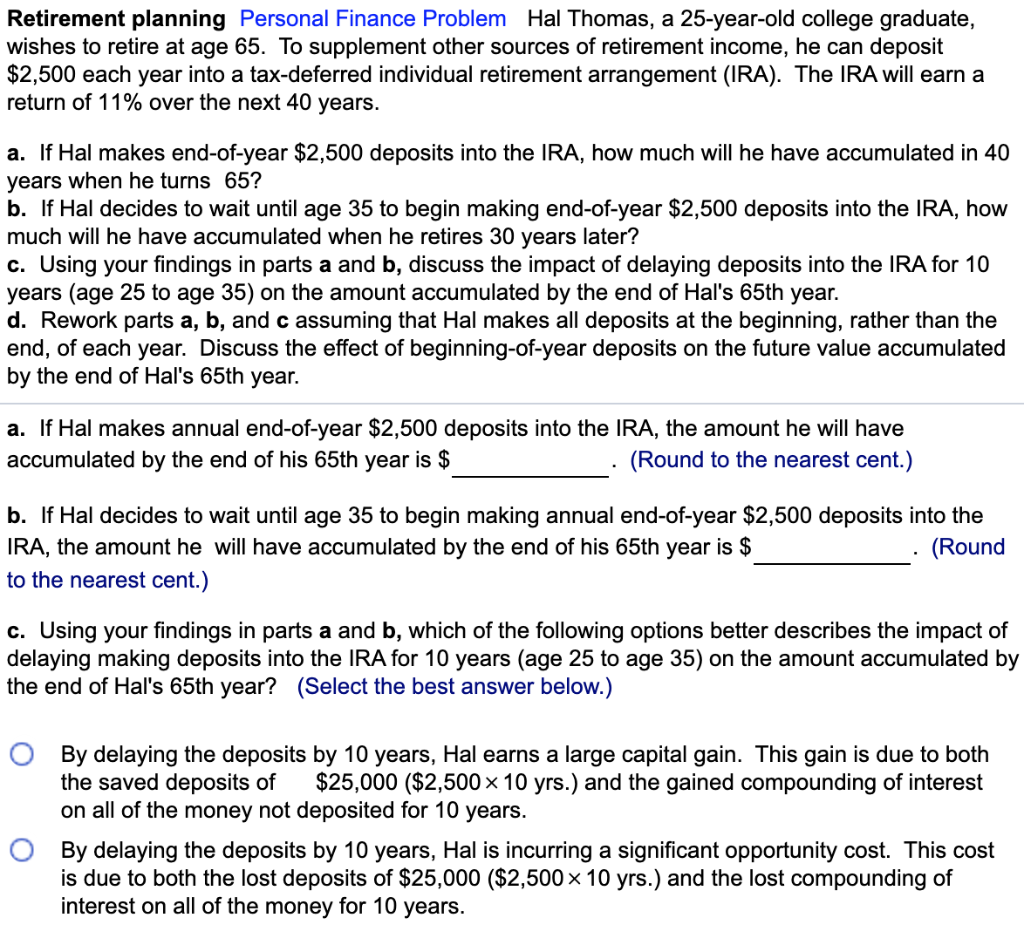 Solved Retirement planning Personal Finance Problem Hal