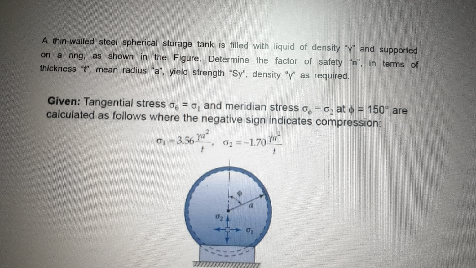 A thinwalled steel spherical storage tank is filled