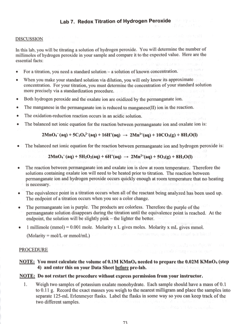 Solved Lab 7. Redox Titration of Hydrogen peroxide