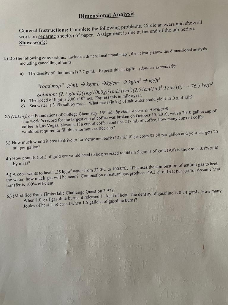 Solved Dimensional Analysis General Instructions: Complete | Chegg.com