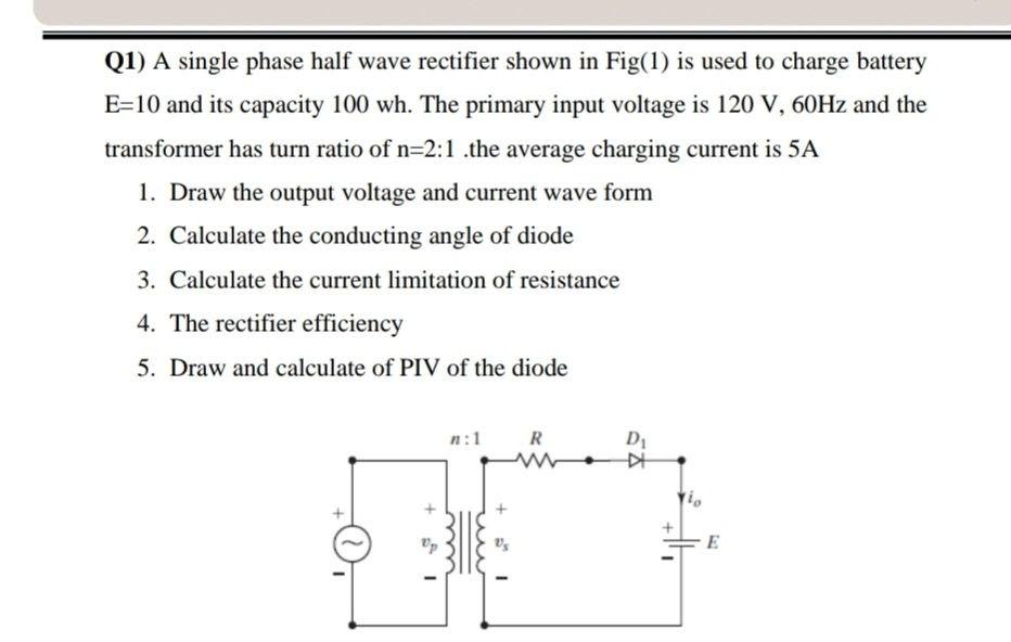 Solved Q1) A single phase half wave rectifier shown in | Chegg.com