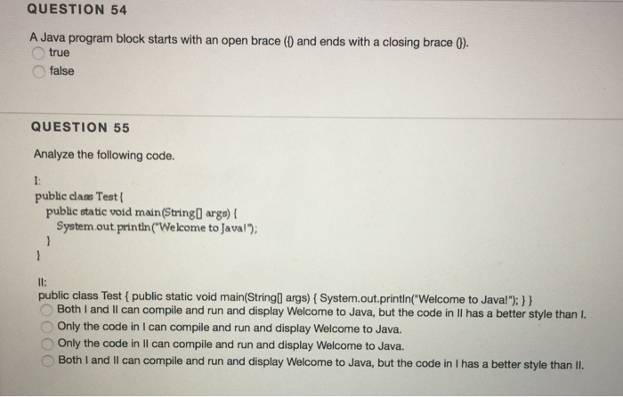 Solved QUESTION 54 A Java program block starts with an open | Chegg.com