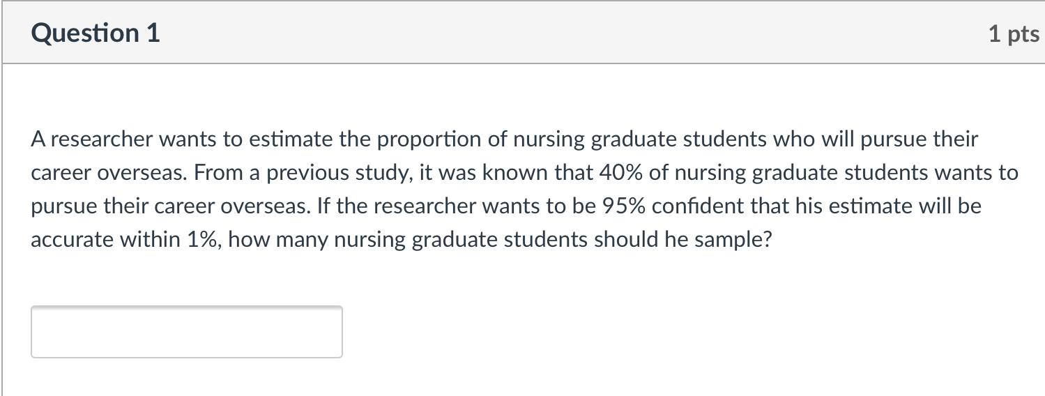 Solved Question 1 1 pts A researcher wants to estimate the | Chegg.com