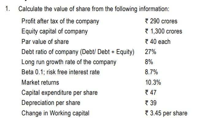 Solved 1. Calculate The Value Of Share From The Following | Chegg.com