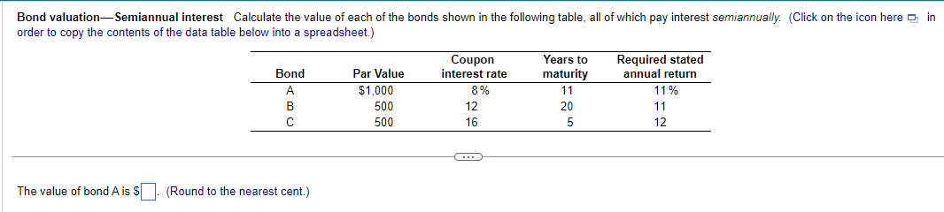 Bond valuation-Semiannual interest Calculate the value of each of the bonds shown in the following table, all of which pay in