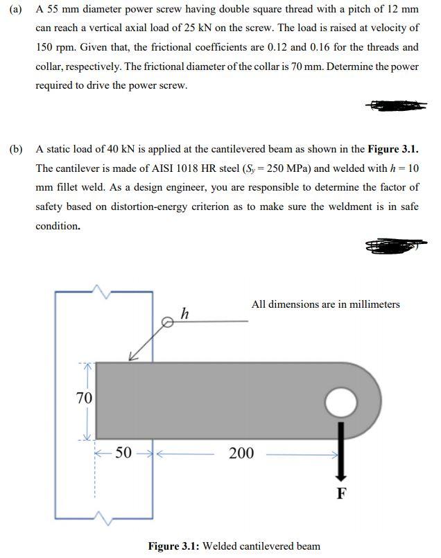 Solved (a) A 55 mm diameter power screw having double square