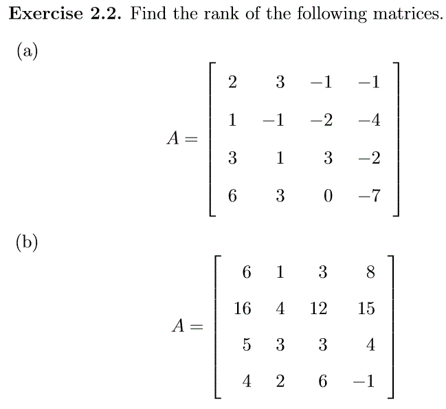 exercise 1.2.11 find the rank of each of the following matrices