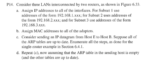 P14. Consider three LANs interconnected by two routers, as shown in Figure \( 6.33 \).
a. Assign IP addresses to all of the i