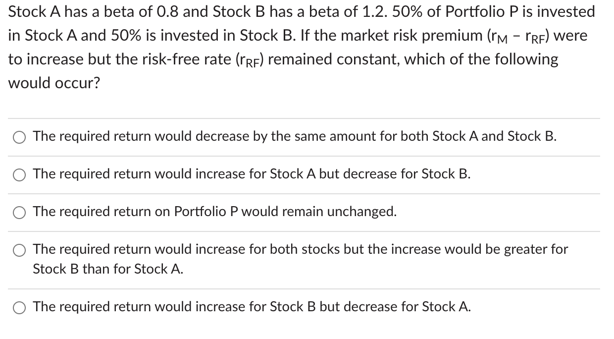 Solved Stock A Has A Beta Of 0.8 And Stock B Has A Beta Of | Chegg.com