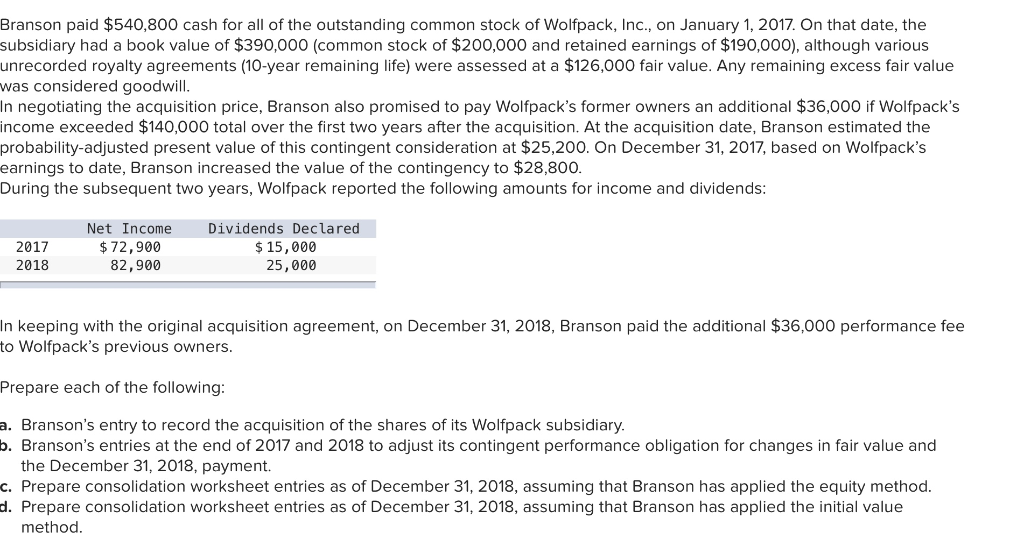 Solved Branson paid $540,800 cash for all of the outstanding Solved Branson paid $540,800 cash for all of the outstanding