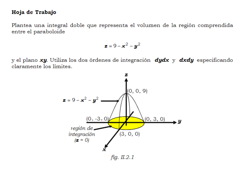 Hoja de Trabajo Plantea una integral doble que representa el volumen de la región comprendida entre el paraboloide \[ \boldsy