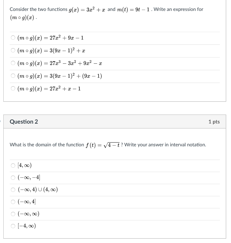 Solved Consider the two functions g(x) = 3x2 + x and m(t) = | Chegg.com