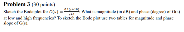Solved Problem 3 (30 points) Sketch the Bode plot for G(s) = | Chegg.com