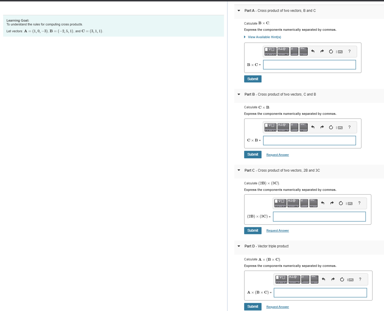 Solved Part A - Cross Product Of Two Vectors, B And C | Chegg.com