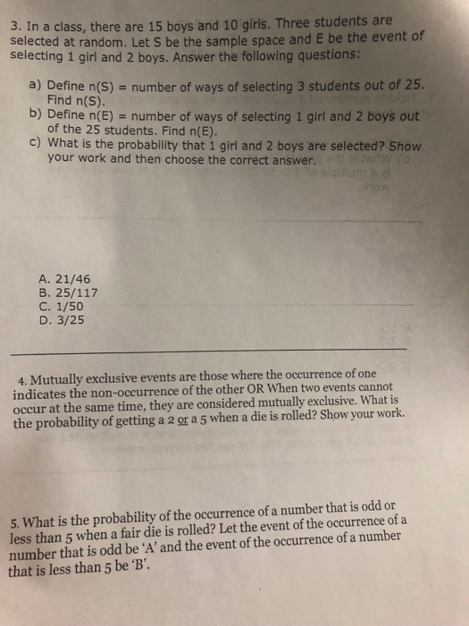 Solved 3. In a class, there are 15 boys and 10 girls. Three | Chegg.com