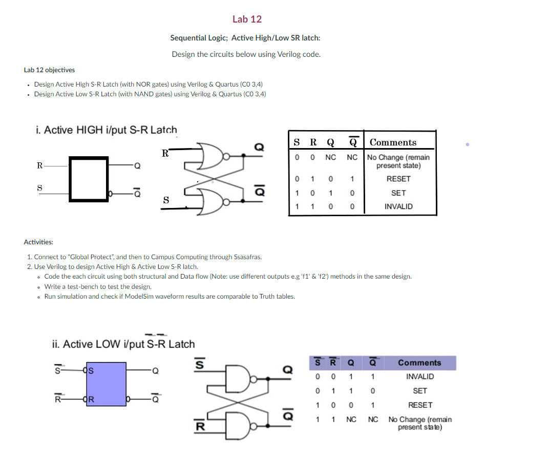 Solved Sequential Logic; Active High/Low SR latch Design