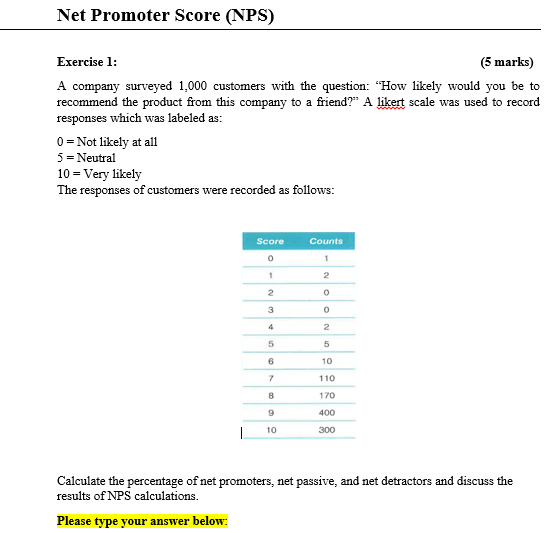 Solved Net Promoter Score (NPS) Exercise 1: (5 marks) A | Chegg.com