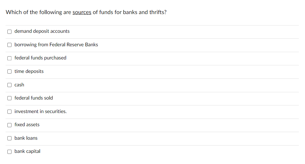 Solved Which Of The Following Are Sources Of Funds For Banks | Chegg.com