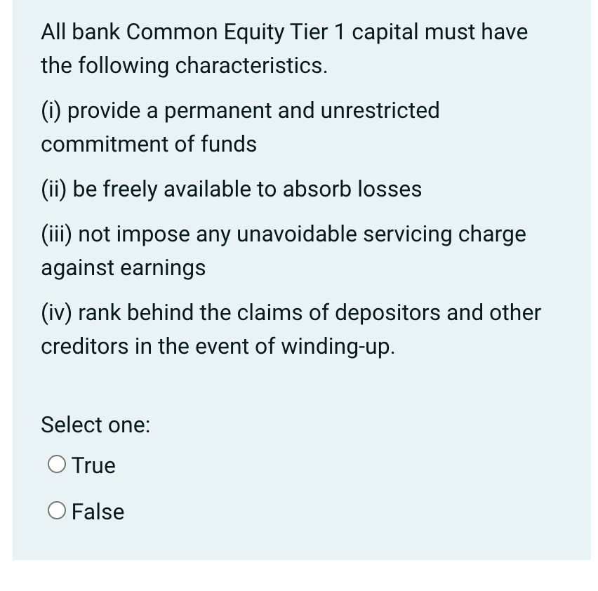 Solved All Bank Common Equity Tier 1 Capital Must Have The Chegg