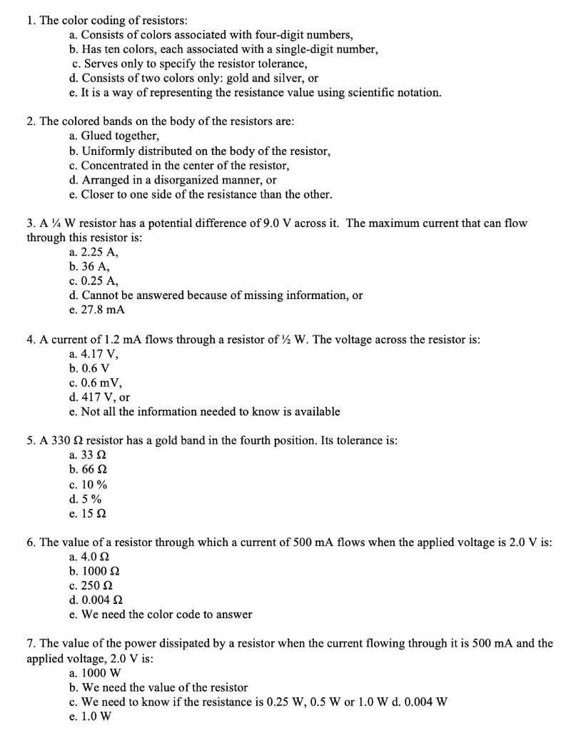 Solved 1. The color coding of resistors: a. Consists of | Chegg.com