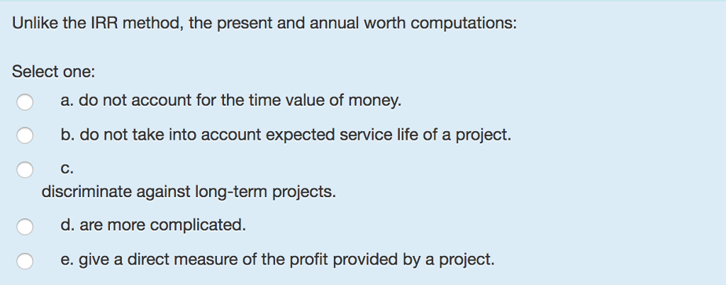 Solved Unlike the IRR method, the present and annual worth | Chegg.com