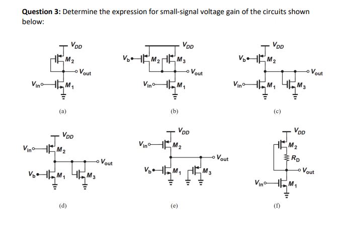 Question 3: Determine the expression for small-signal voltage gain of the circuits shown below: (a) (b) (c) (d) (e)